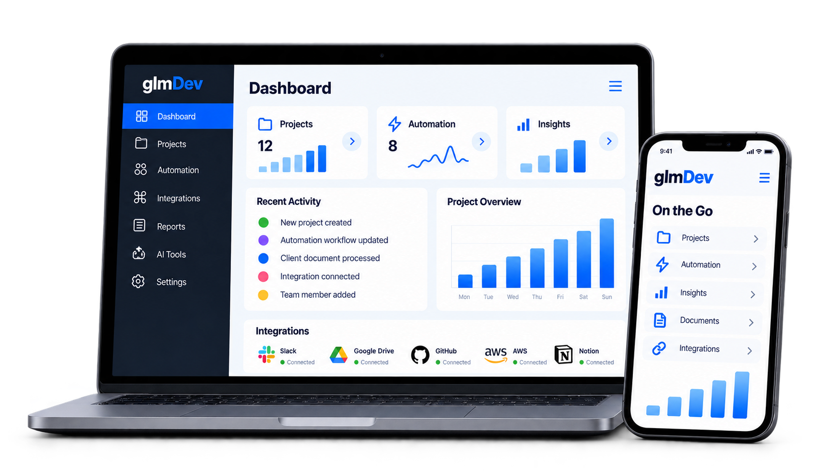 Laptop showing a web dashboard alongside its companion mobile app